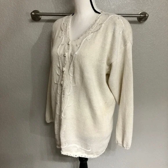 Cervelle Sweater Medium Cute Off White 90s Vintage V-Neck Cardigan Grandma Cozy - Picture 5 of 10
